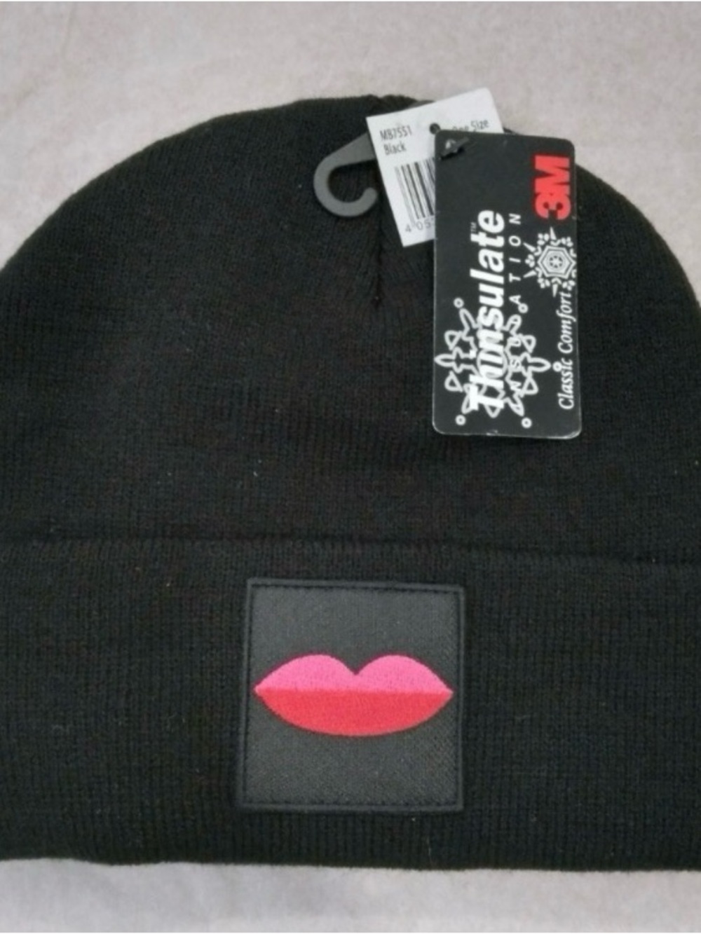3M Thinsulate Black Beanie with Pink Lips Patch NWT